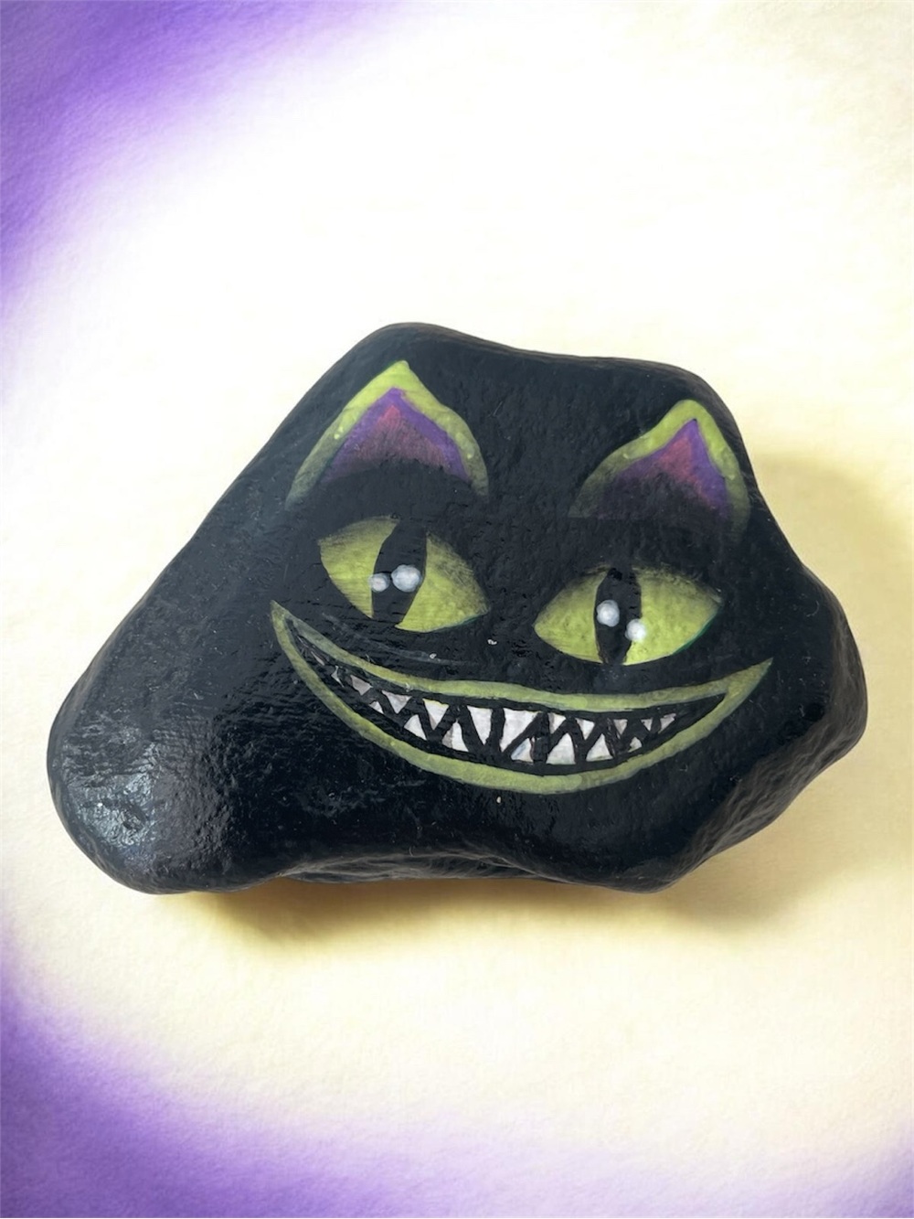 Hand Painted Cheshire Cat Rock Halloween Spooky Black Cat Gothic Decor OOAK